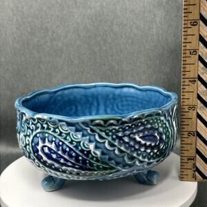 Relpo 5882 Planter Blue Green Ceramic Footed Bowl Scalloped Raised Paisley READ